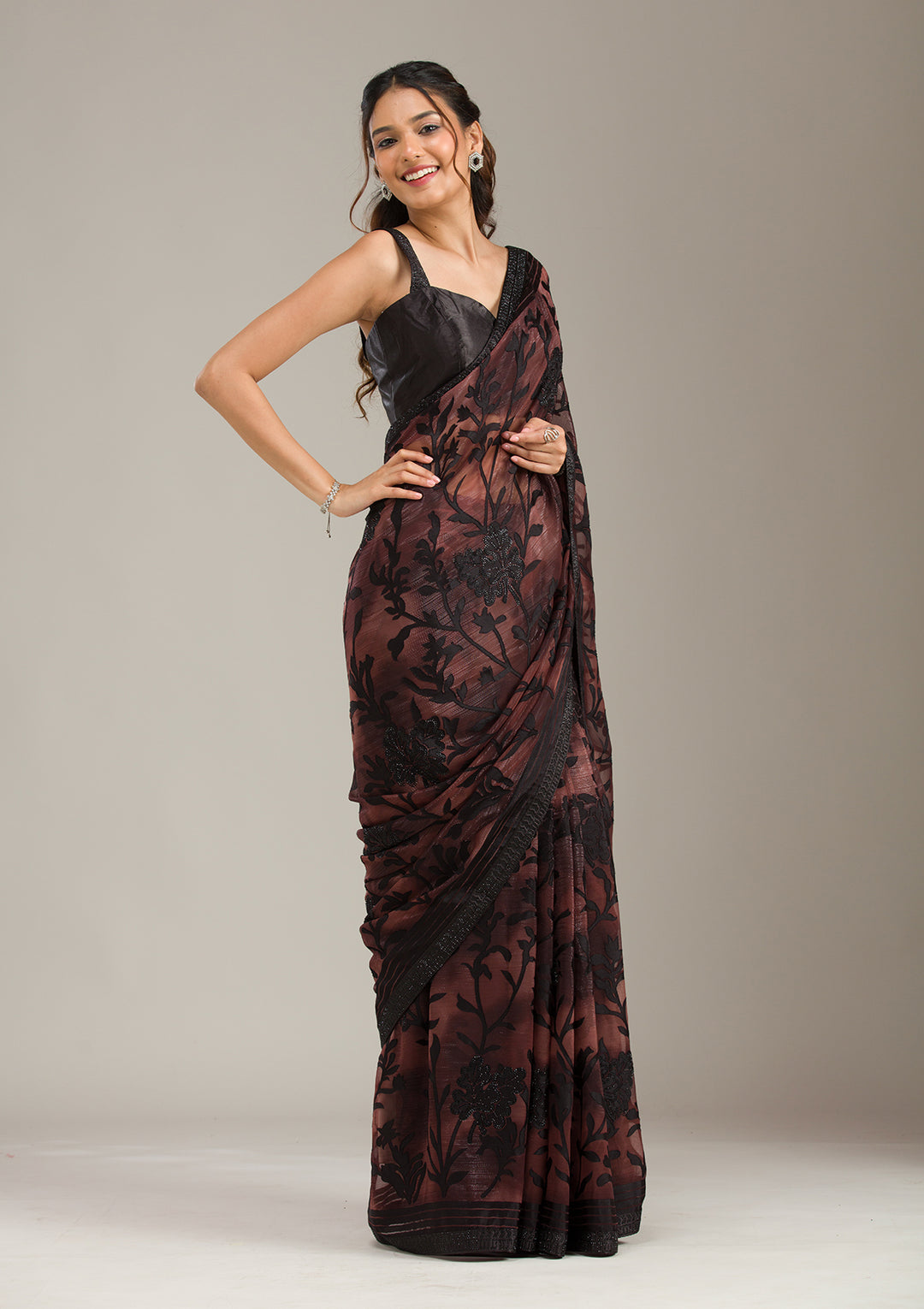 Brown Chiffon Swarovski Saree With Matching Blouse Piece
