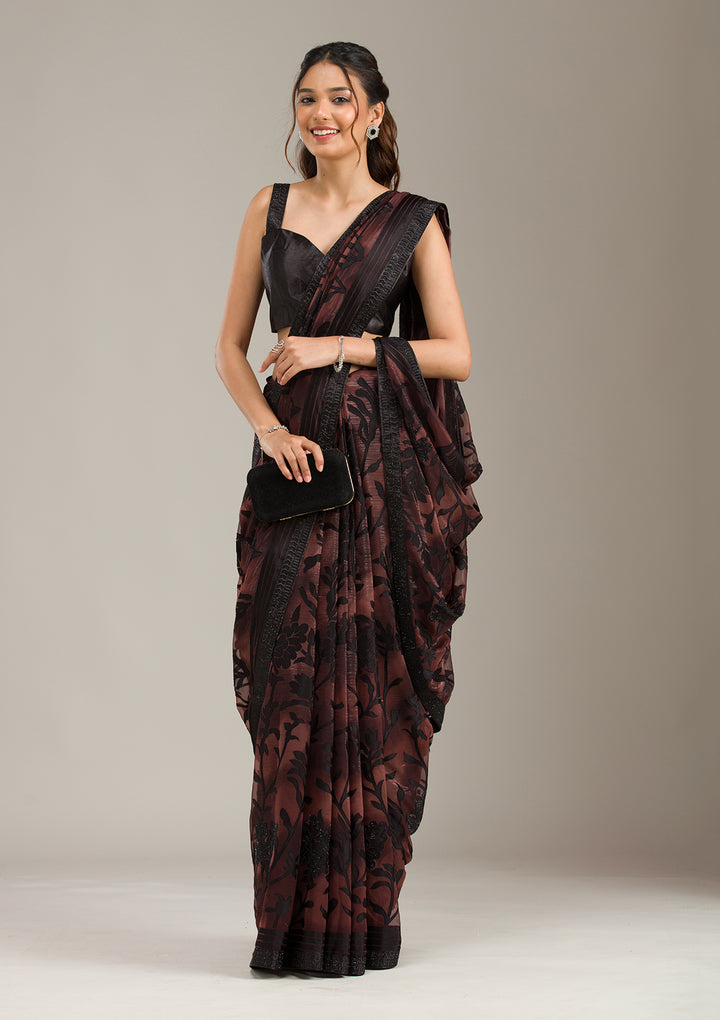 Brown Chiffon Swarovski Saree With Matching Blouse Piece