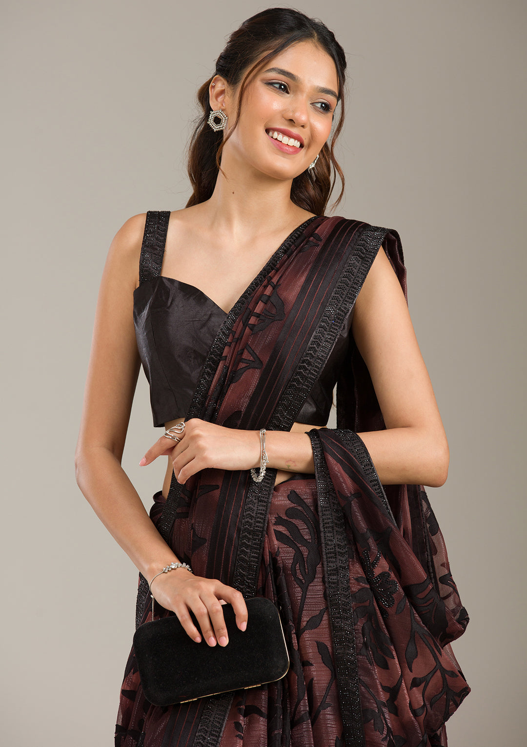 Brown Chiffon Swarovski Saree With Matching Blouse Piece