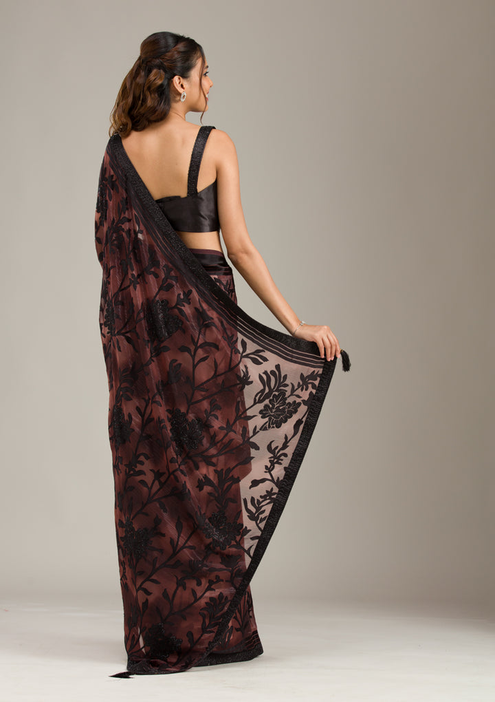 Brown Chiffon Swarovski Saree With Matching Blouse Piece