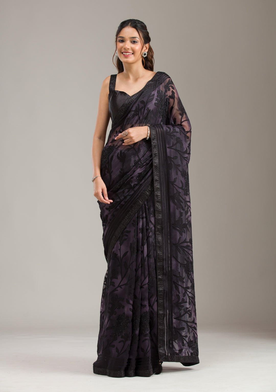 Purple Chiffon Swarovski Saree With Matching Blouse Piece