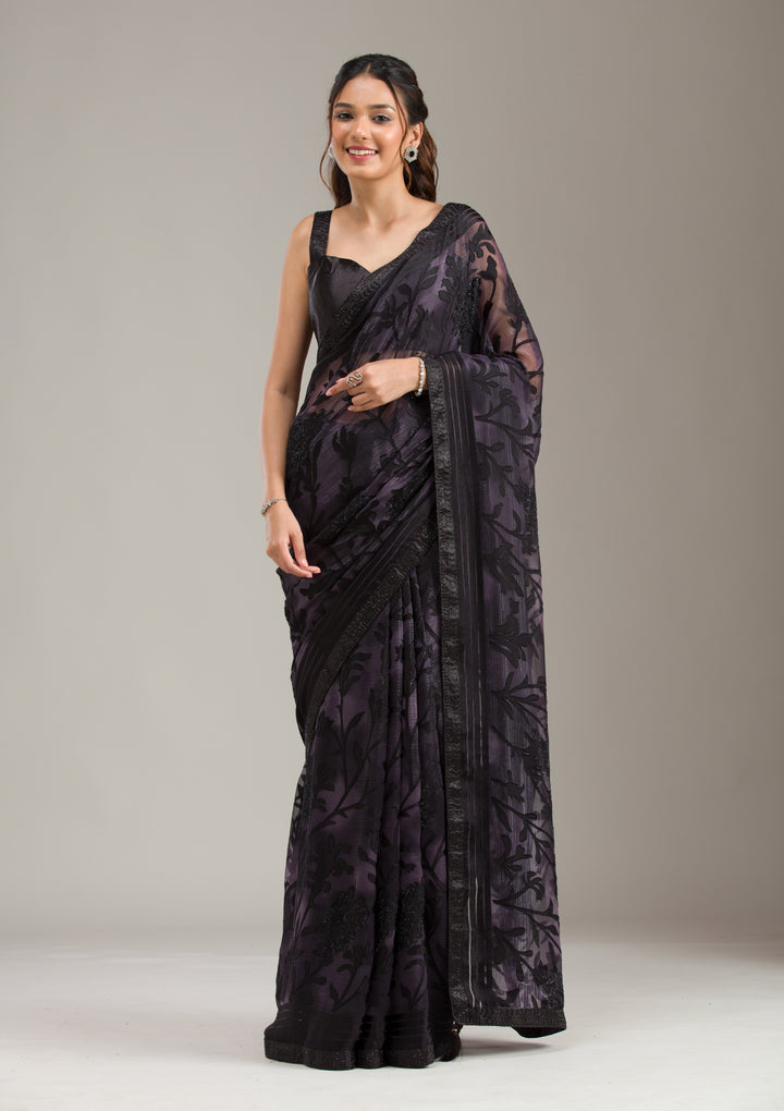 Purple Chiffon Swarovski Saree With Matching Blouse Piece