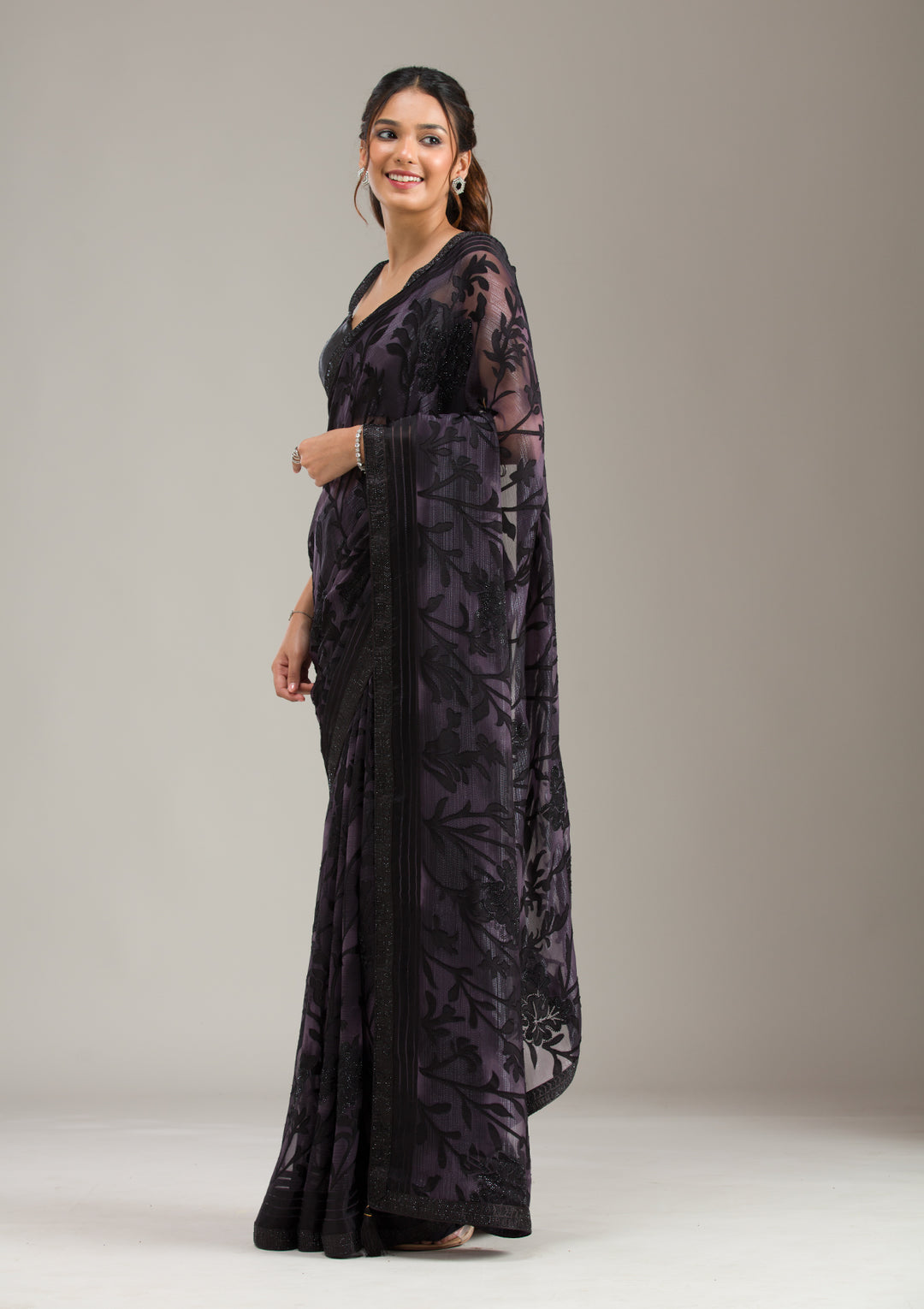 Purple Chiffon Swarovski Saree With Matching Blouse Piece