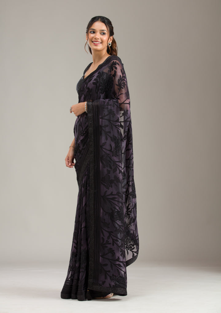 Purple Chiffon Swarovski Saree With Matching Blouse Piece