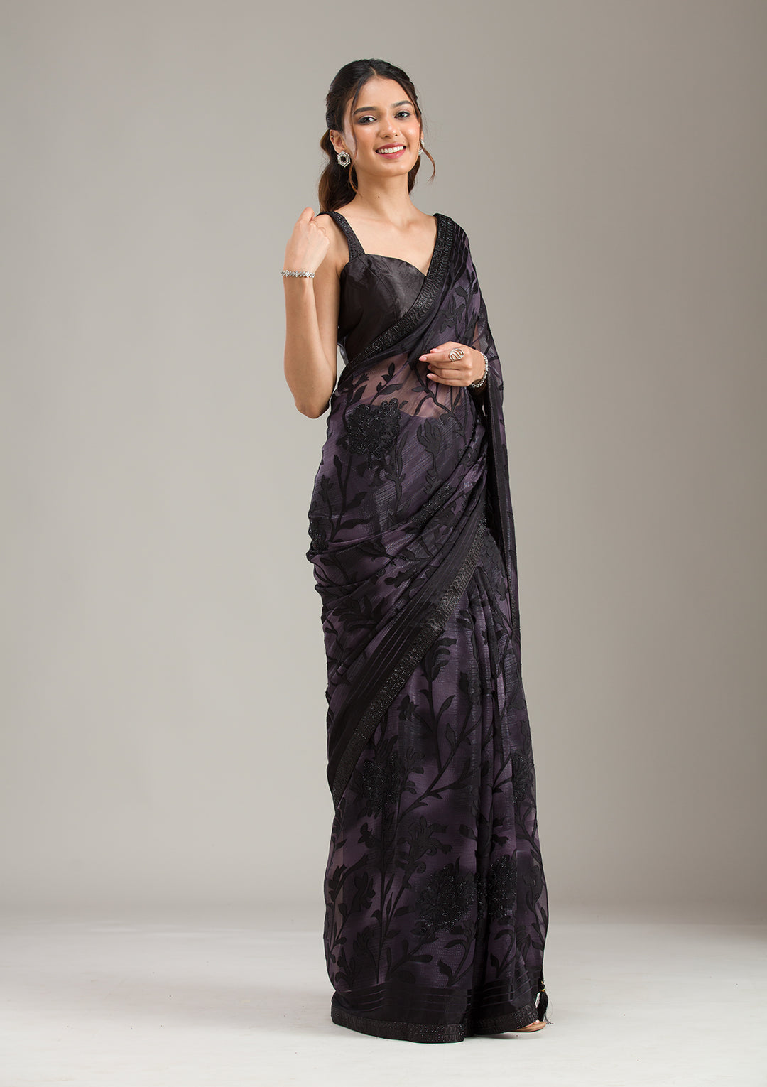 Purple Chiffon Swarovski Saree With Matching Blouse Piece
