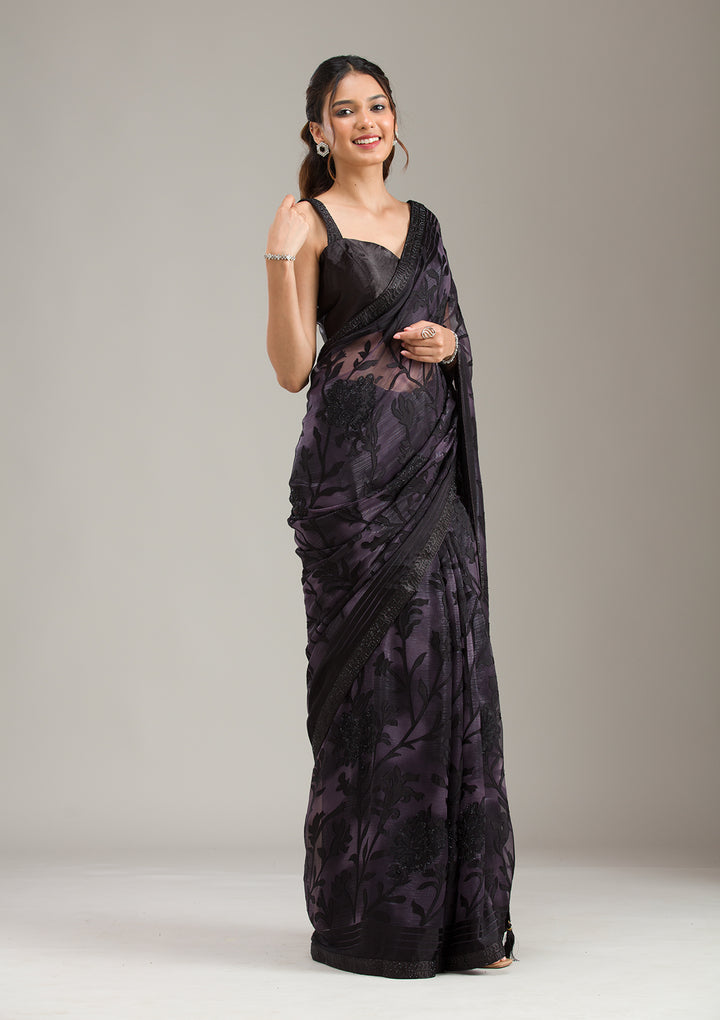 Purple Chiffon Swarovski Saree With Matching Blouse Piece