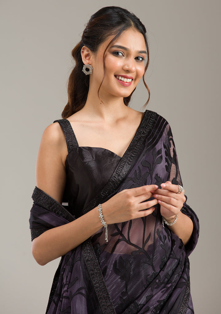 Purple Chiffon Swarovski Saree With Matching Blouse Piece
