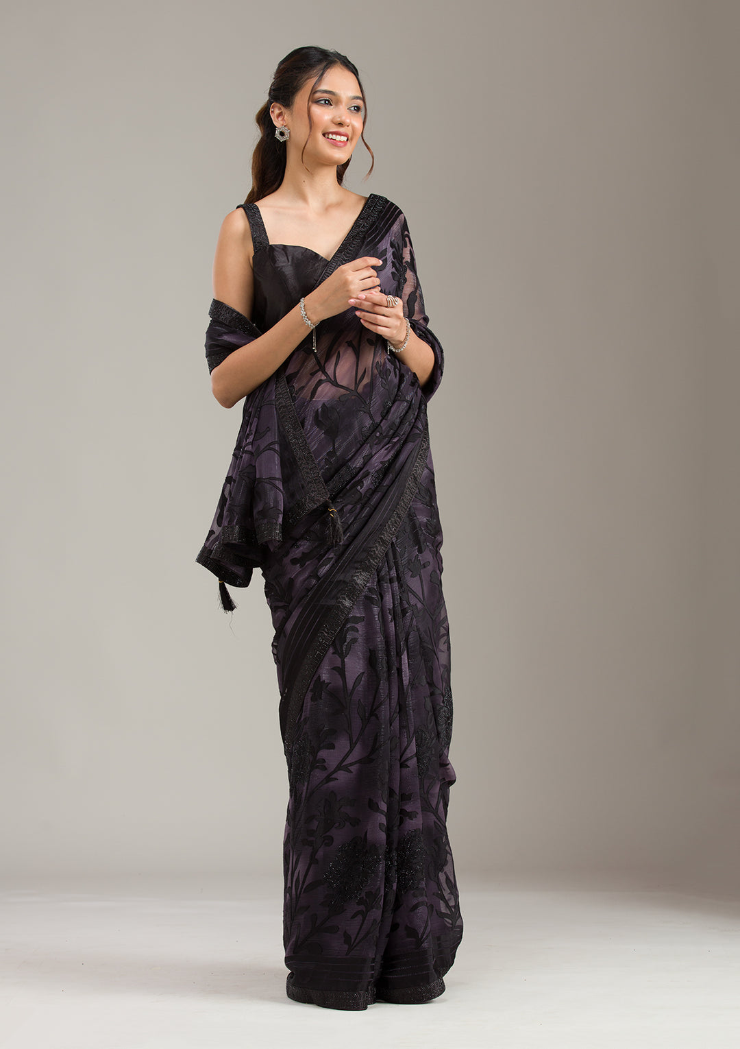 Purple Chiffon Swarovski Saree With Matching Blouse Piece