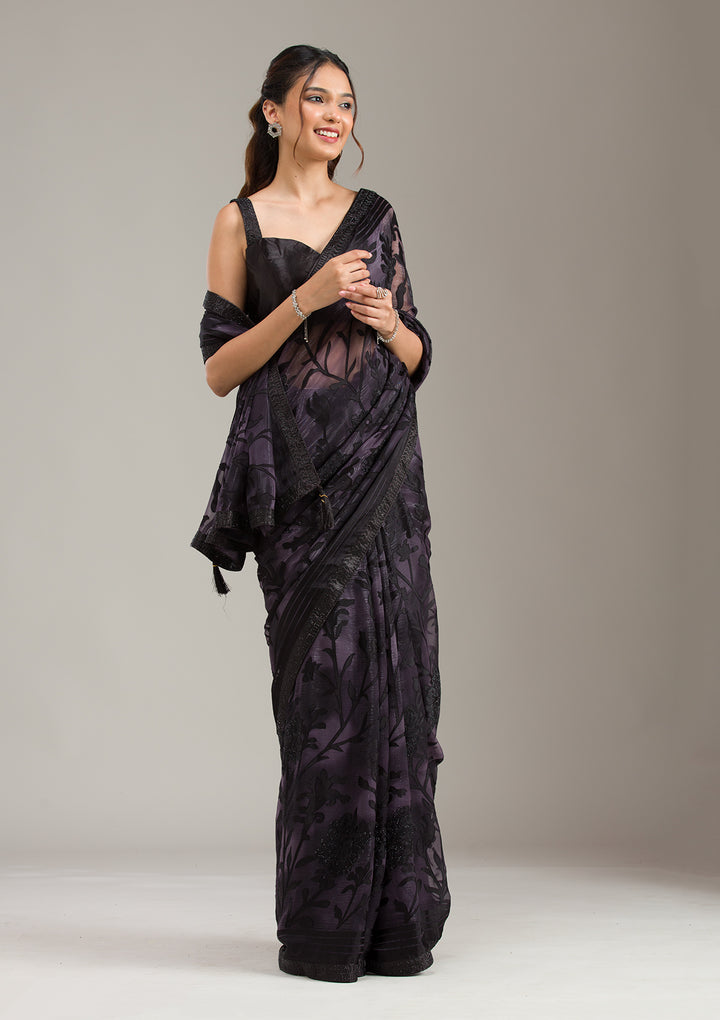 Purple Chiffon Swarovski Saree With Matching Blouse Piece