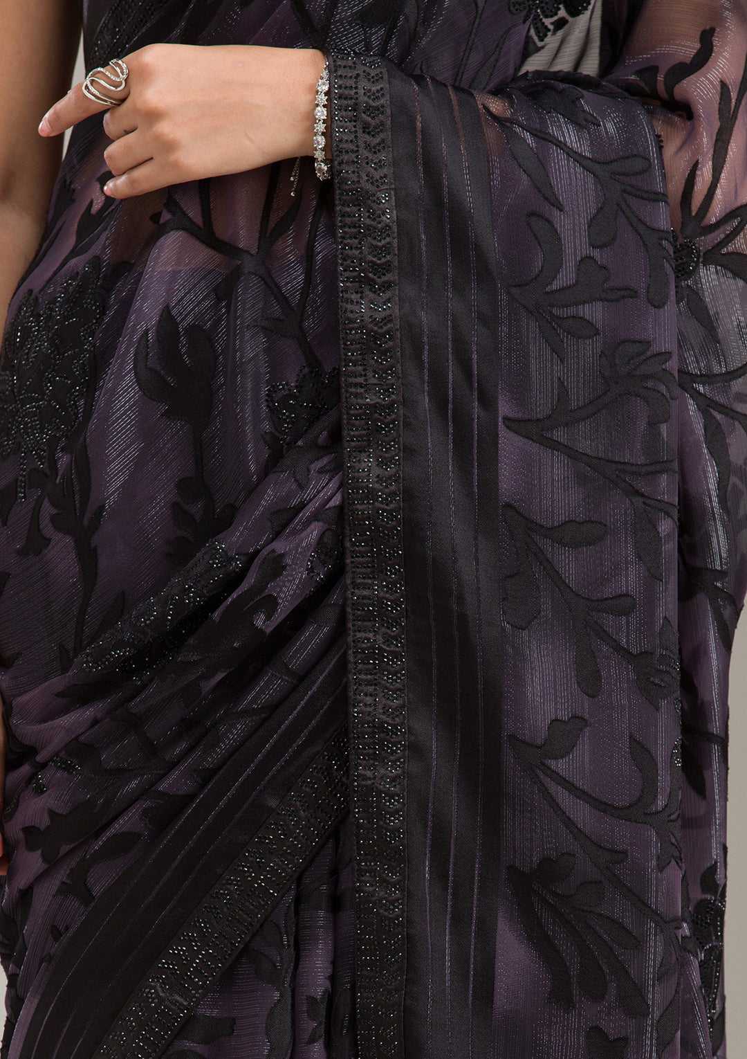 Purple Chiffon Swarovski Saree With Matching Blouse Piece