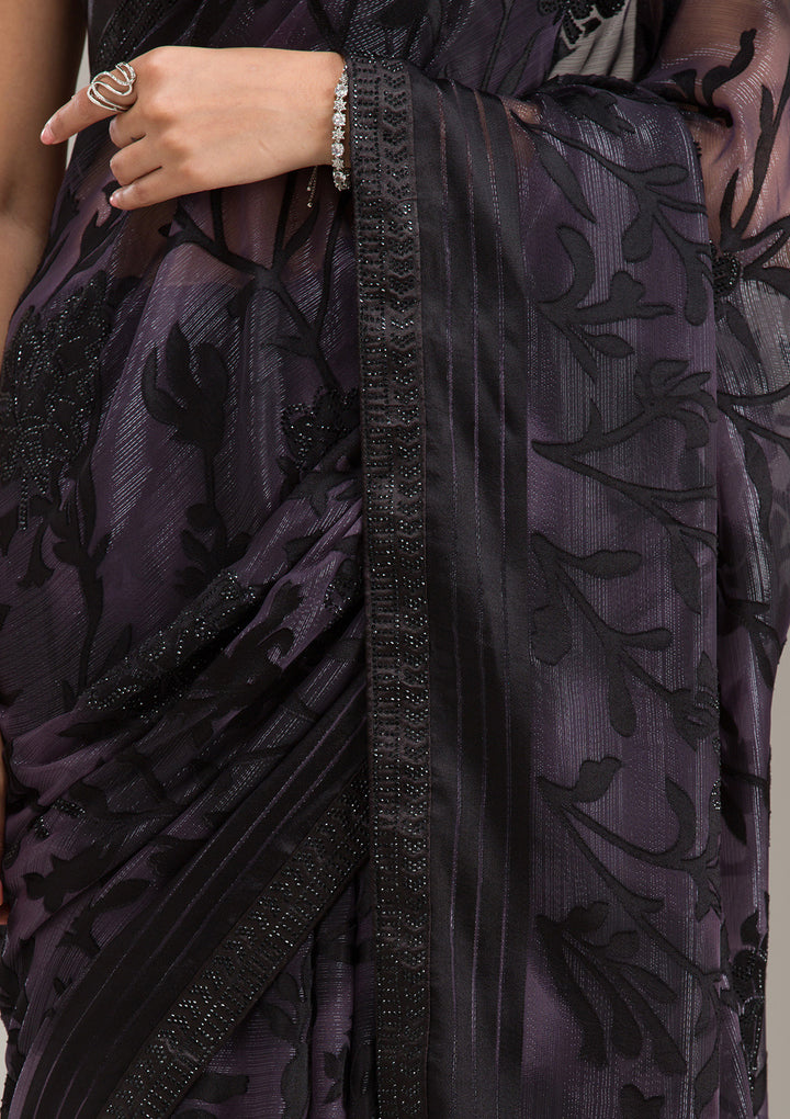 Purple Chiffon Swarovski Saree With Matching Blouse Piece
