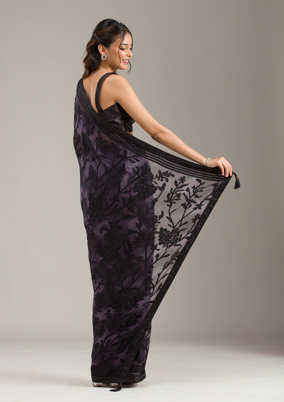 Purple Chiffon Swarovski Saree With Matching Blouse Piece