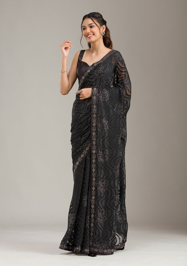 Black Chiffon Swarovski Saree With Matching Blouse Piece