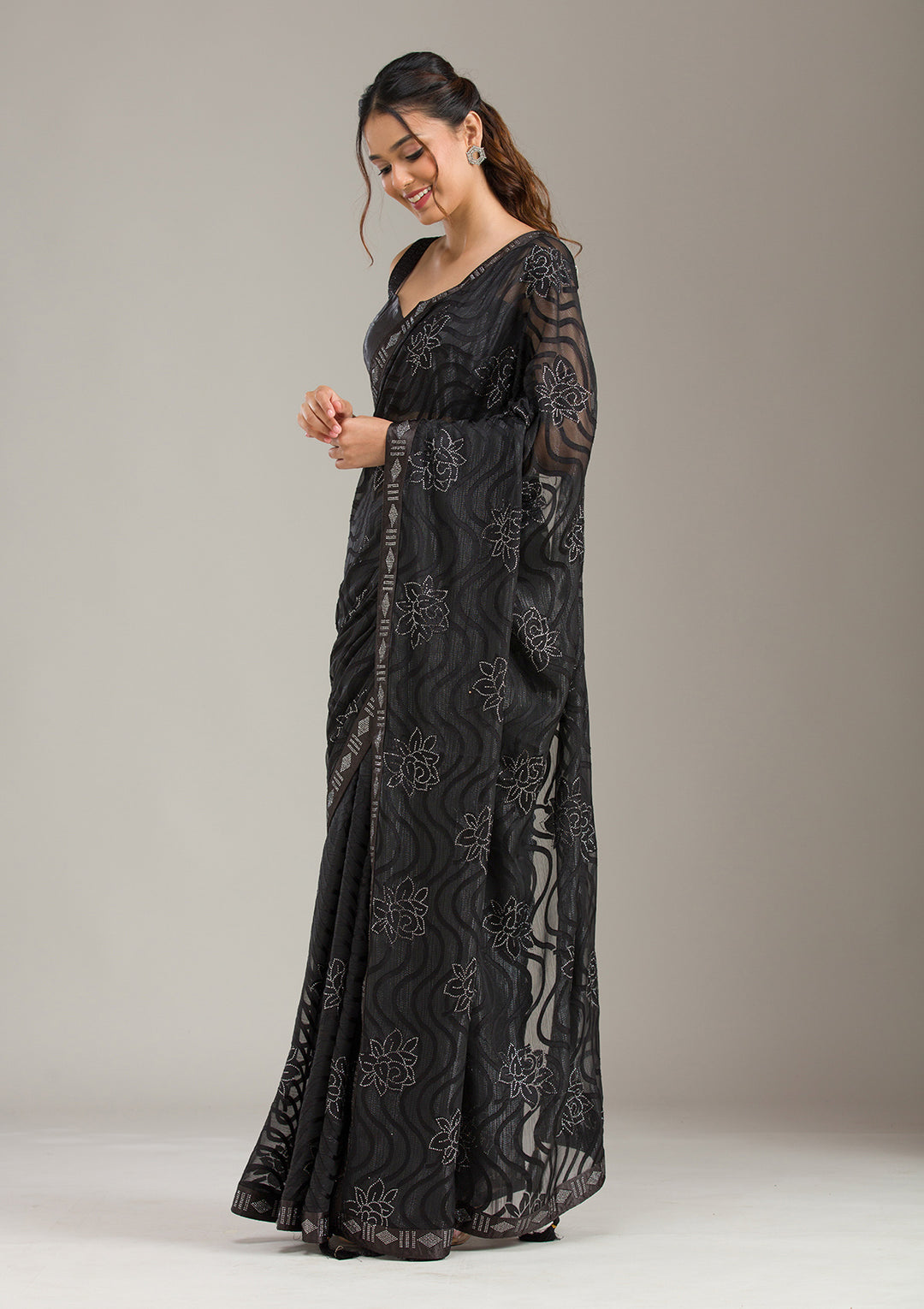 Black Chiffon Swarovski Saree With Matching Blouse Piece