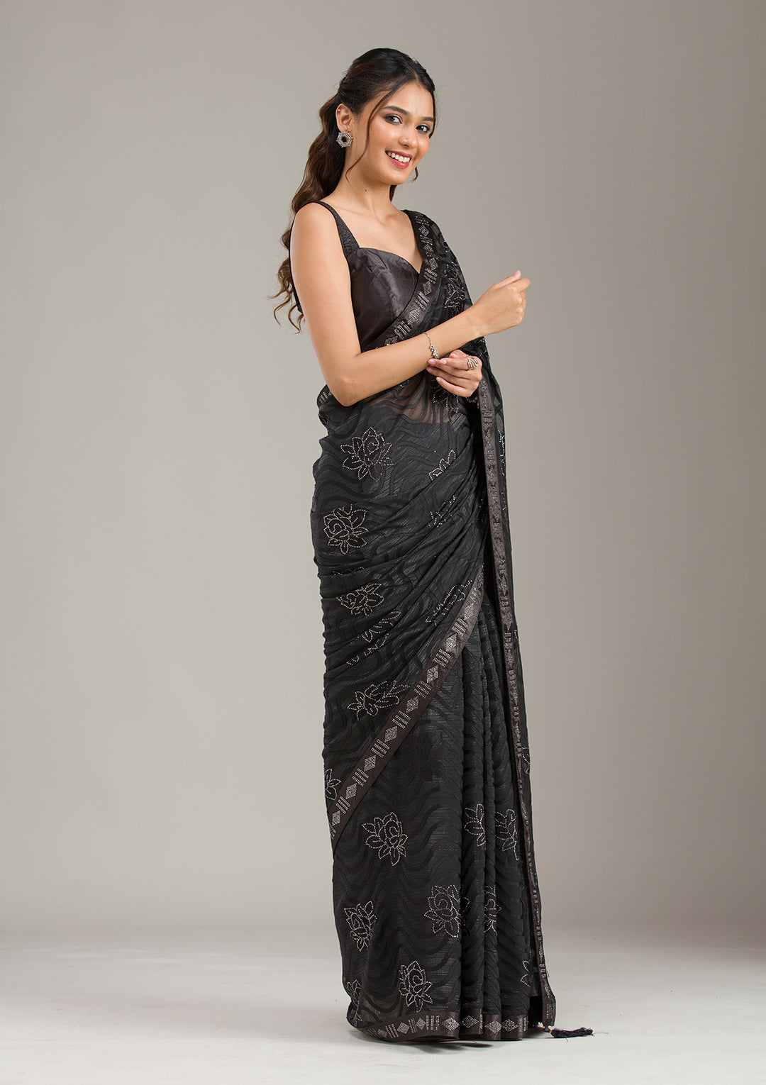 Black Chiffon Swarovski Saree With Matching Blouse Piece