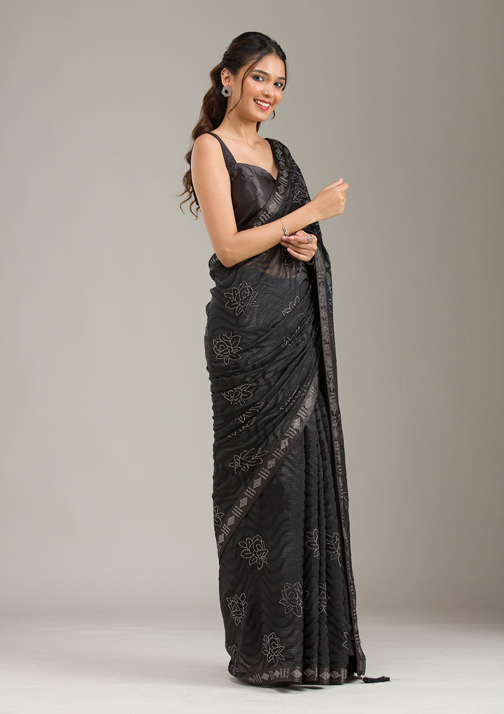 Black Chiffon Swarovski Saree With Matching Blouse Piece
