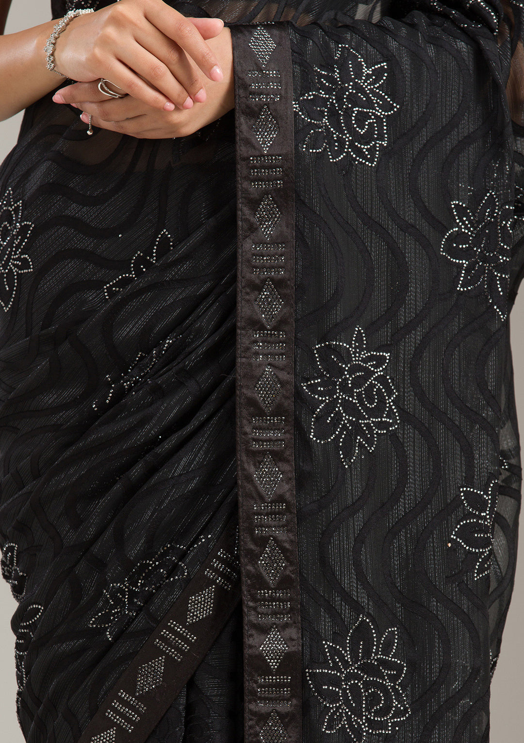 Black Chiffon Swarovski Saree With Matching Blouse Piece