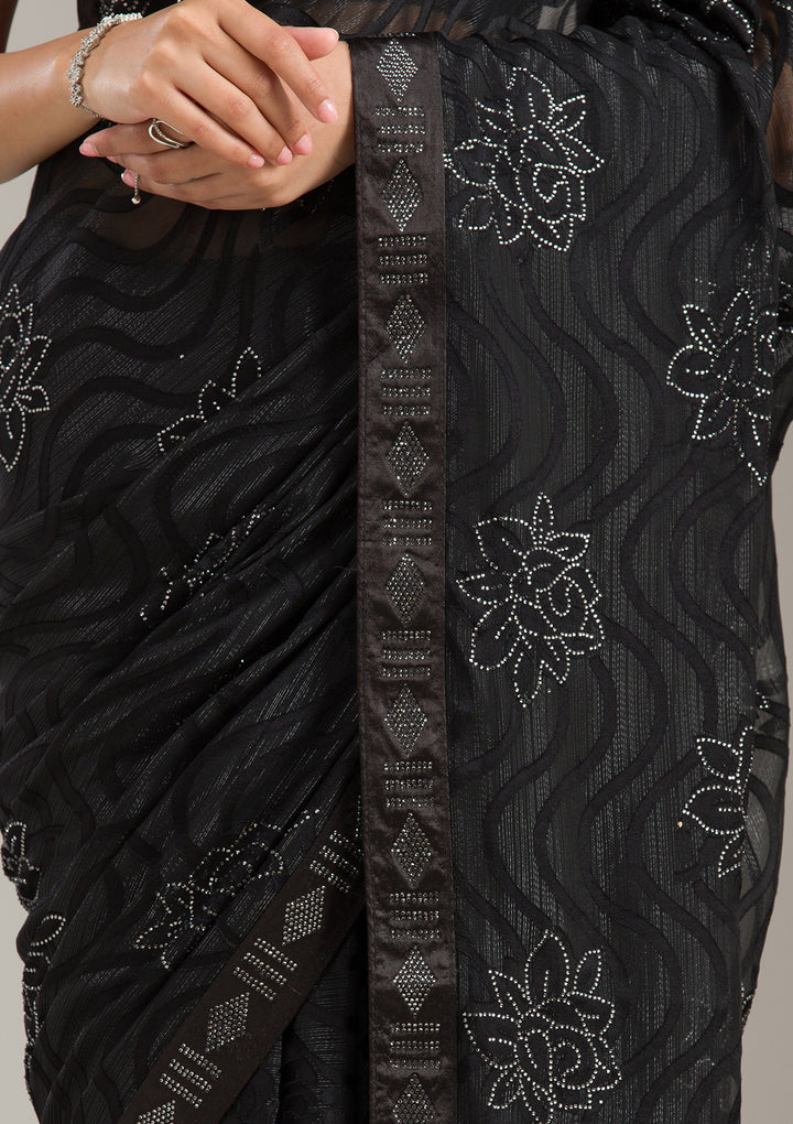 Black Chiffon Swarovski Saree With Matching Blouse Piece