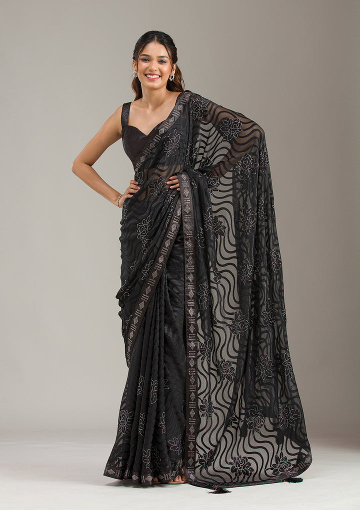 Black Chiffon Swarovski Saree With Matching Blouse Piece