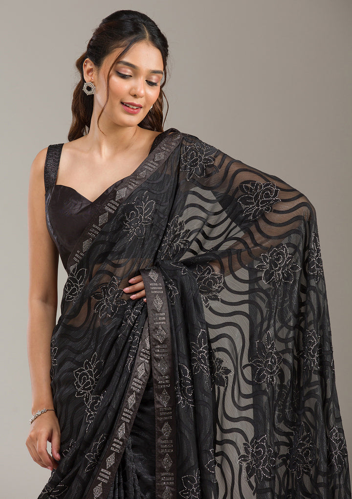 Black Chiffon Swarovski Saree With Matching Blouse Piece