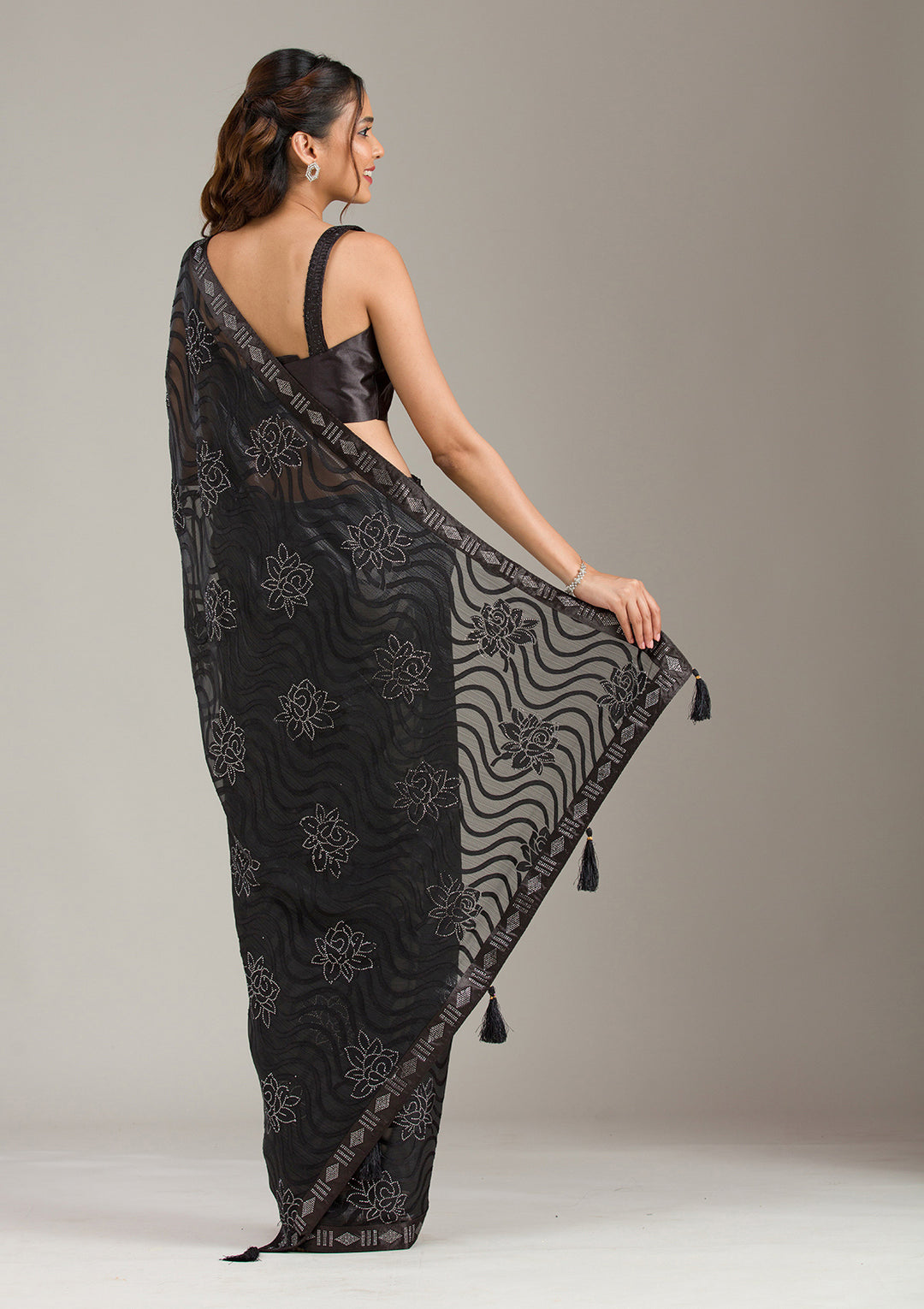 Black Chiffon Swarovski Saree With Matching Blouse Piece