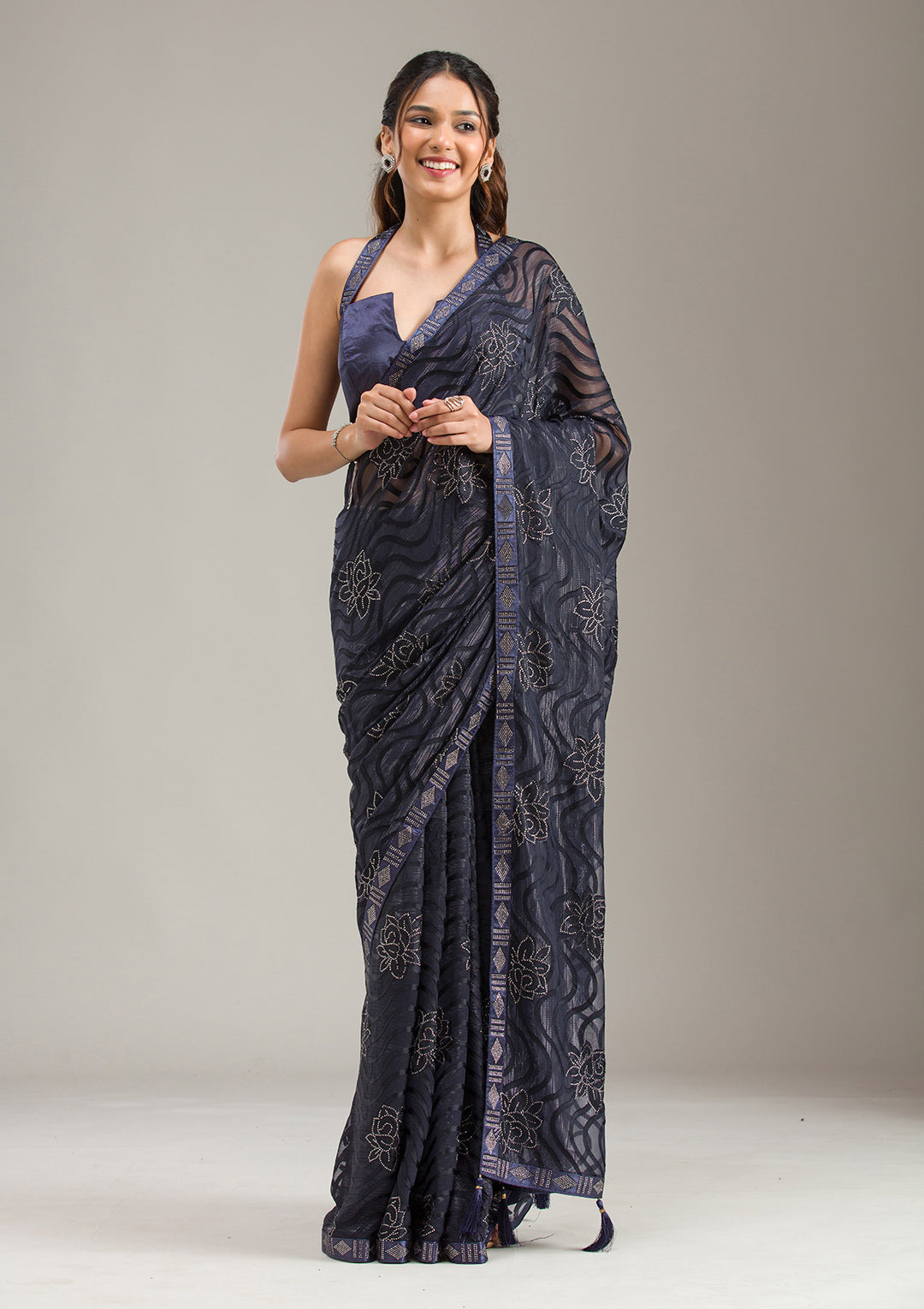 Navy Blue Chiffon Swarovski Saree With Matching Blouse Piece