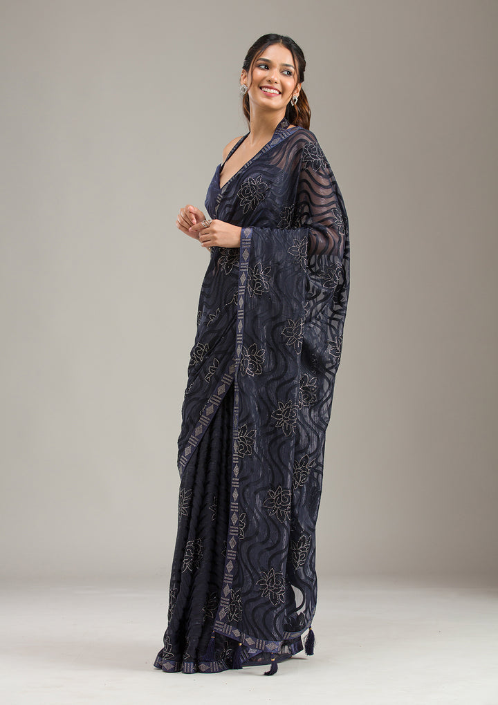 Navy Blue Chiffon Swarovski Saree With Matching Blouse Piece