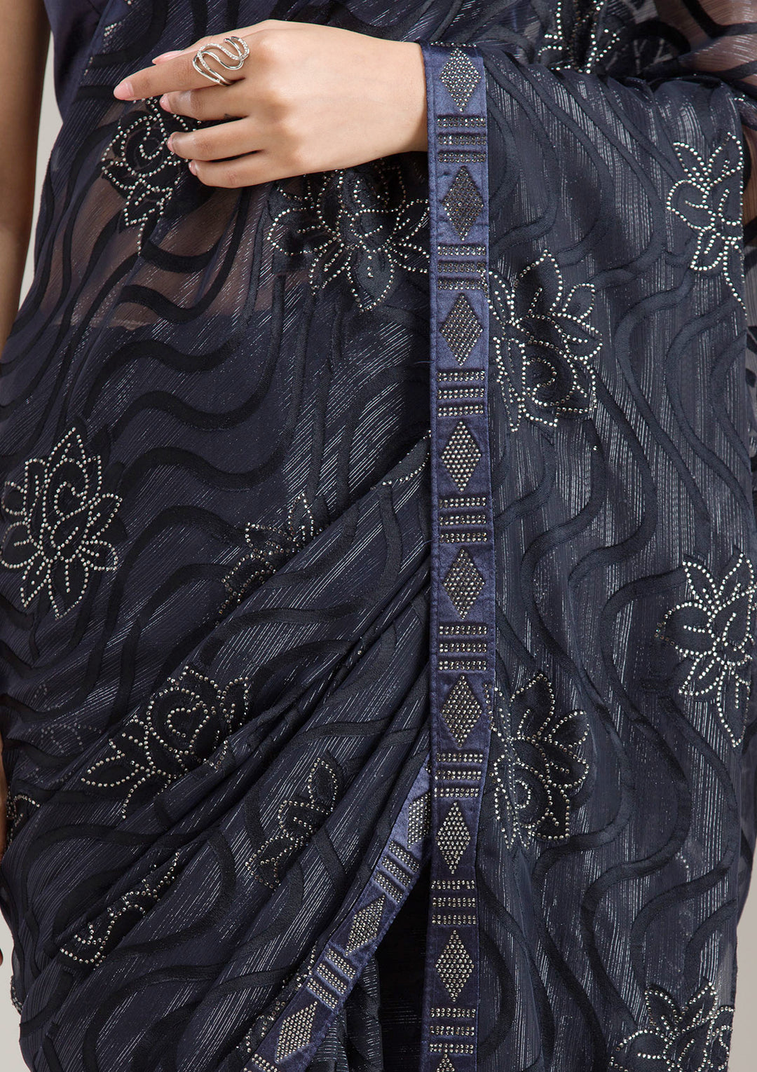 Navy Blue Chiffon Swarovski Saree With Matching Blouse Piece