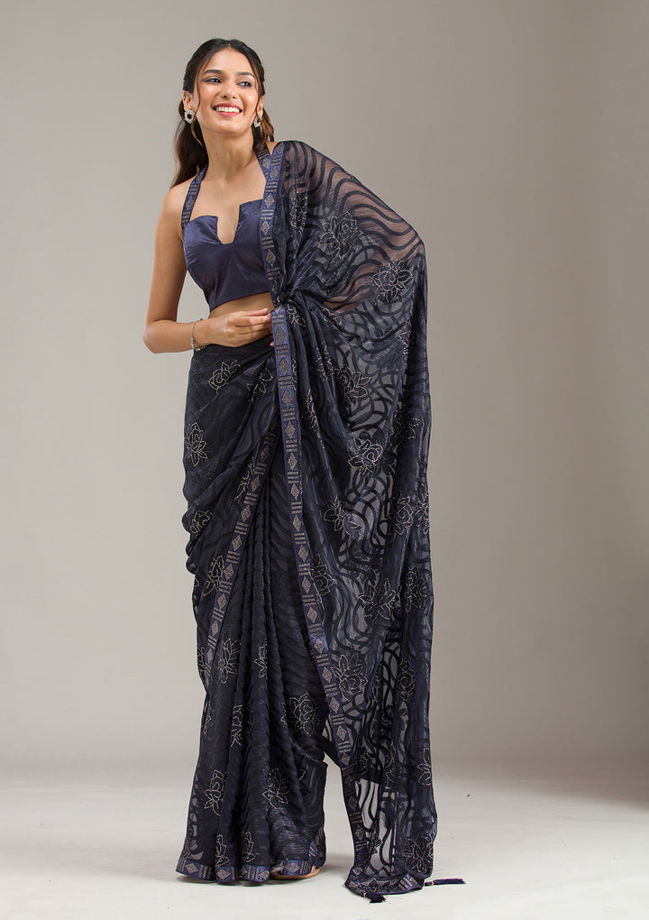 Navy Blue Chiffon Swarovski Saree With Matching Blouse Piece