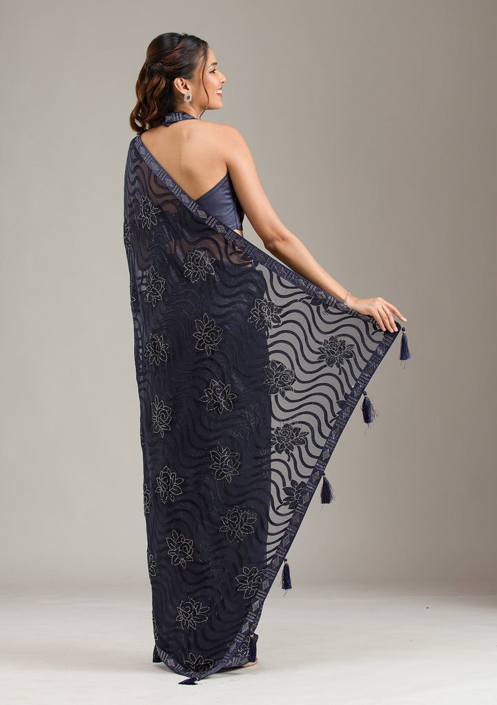 Navy Blue Chiffon Swarovski Saree With Matching Blouse Piece