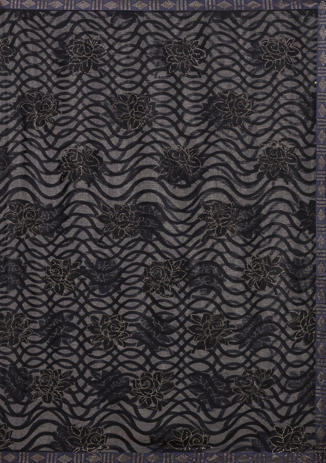Navy Blue Chiffon Swarovski Saree With Matching Blouse Piece