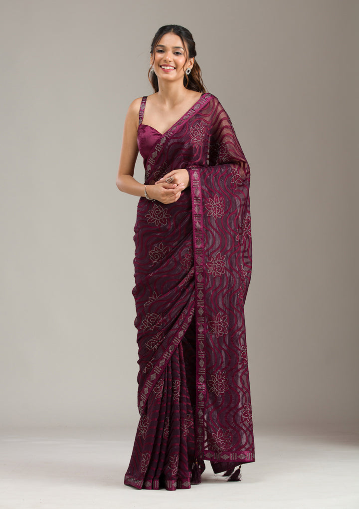 Wine Chiffon Swarovski Saree With Matching Blouse Piece