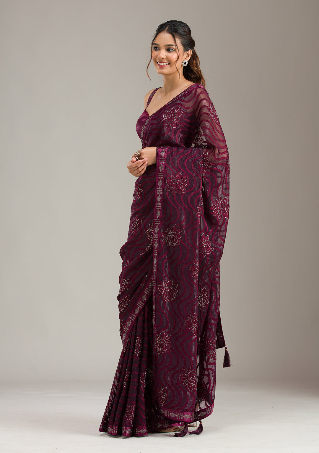 Wine Chiffon Swarovski Saree With Matching Blouse Piece