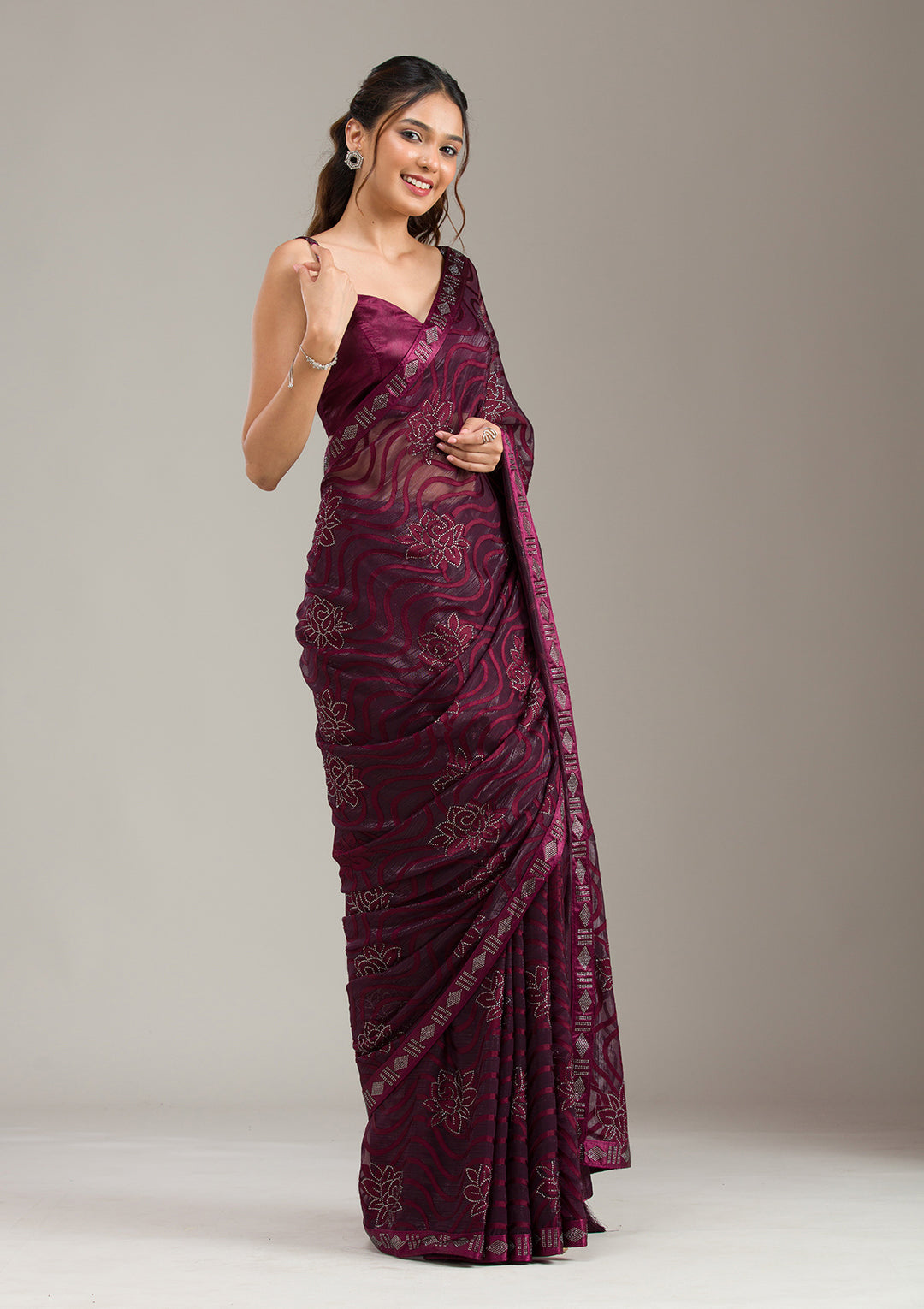 Wine Chiffon Swarovski Saree With Matching Blouse Piece