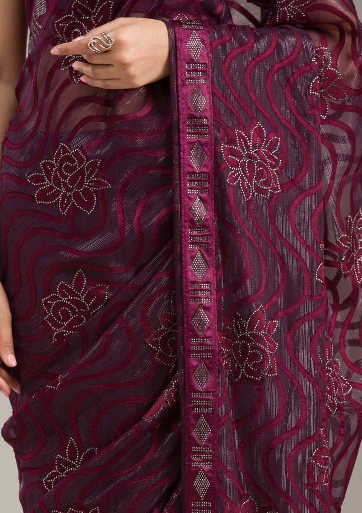 Wine Chiffon Swarovski Saree With Matching Blouse Piece