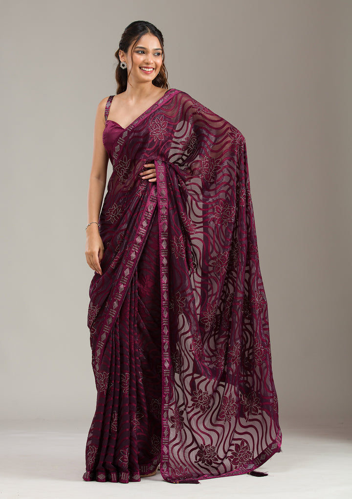 Wine Chiffon Swarovski Saree With Matching Blouse Piece