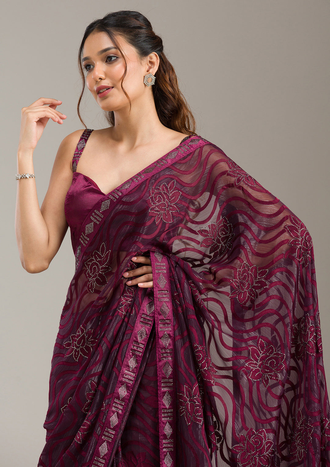 Wine Chiffon Swarovski Saree With Matching Blouse Piece