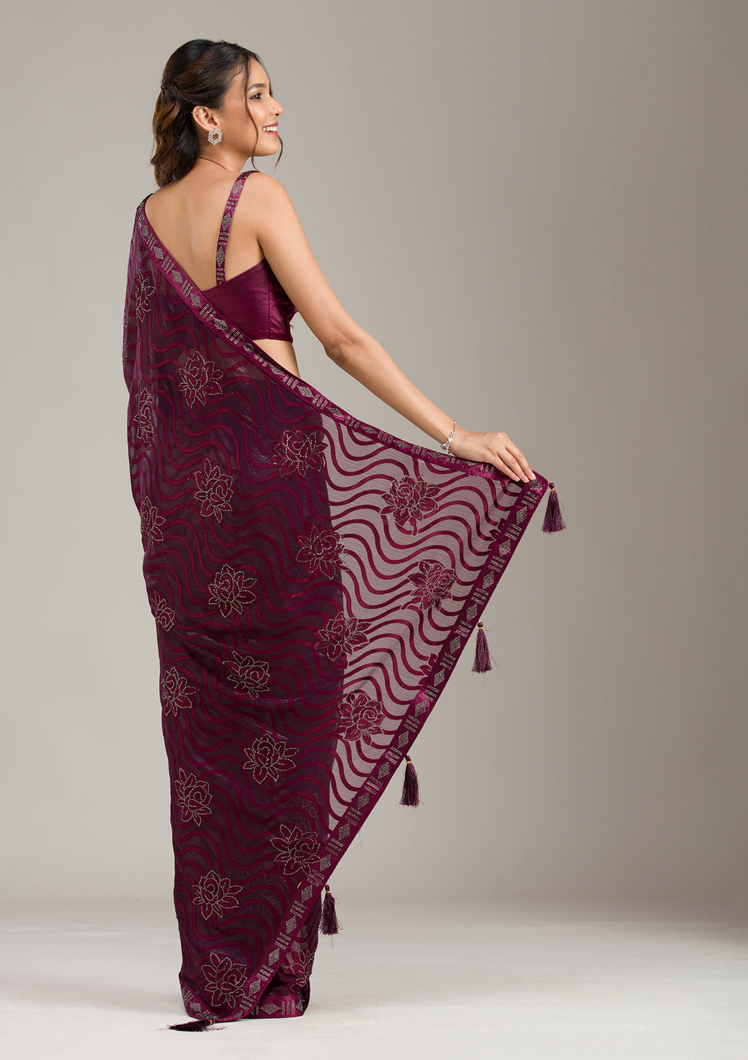 Wine Chiffon Swarovski Saree With Matching Blouse Piece