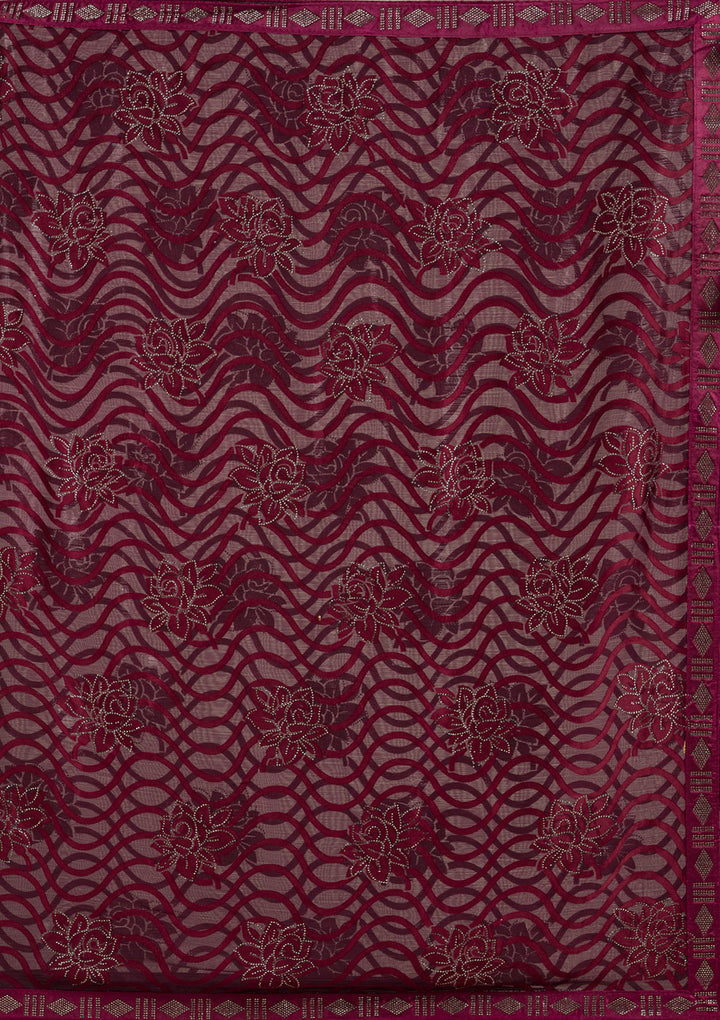 Wine Chiffon Swarovski Saree With Matching Blouse Piece