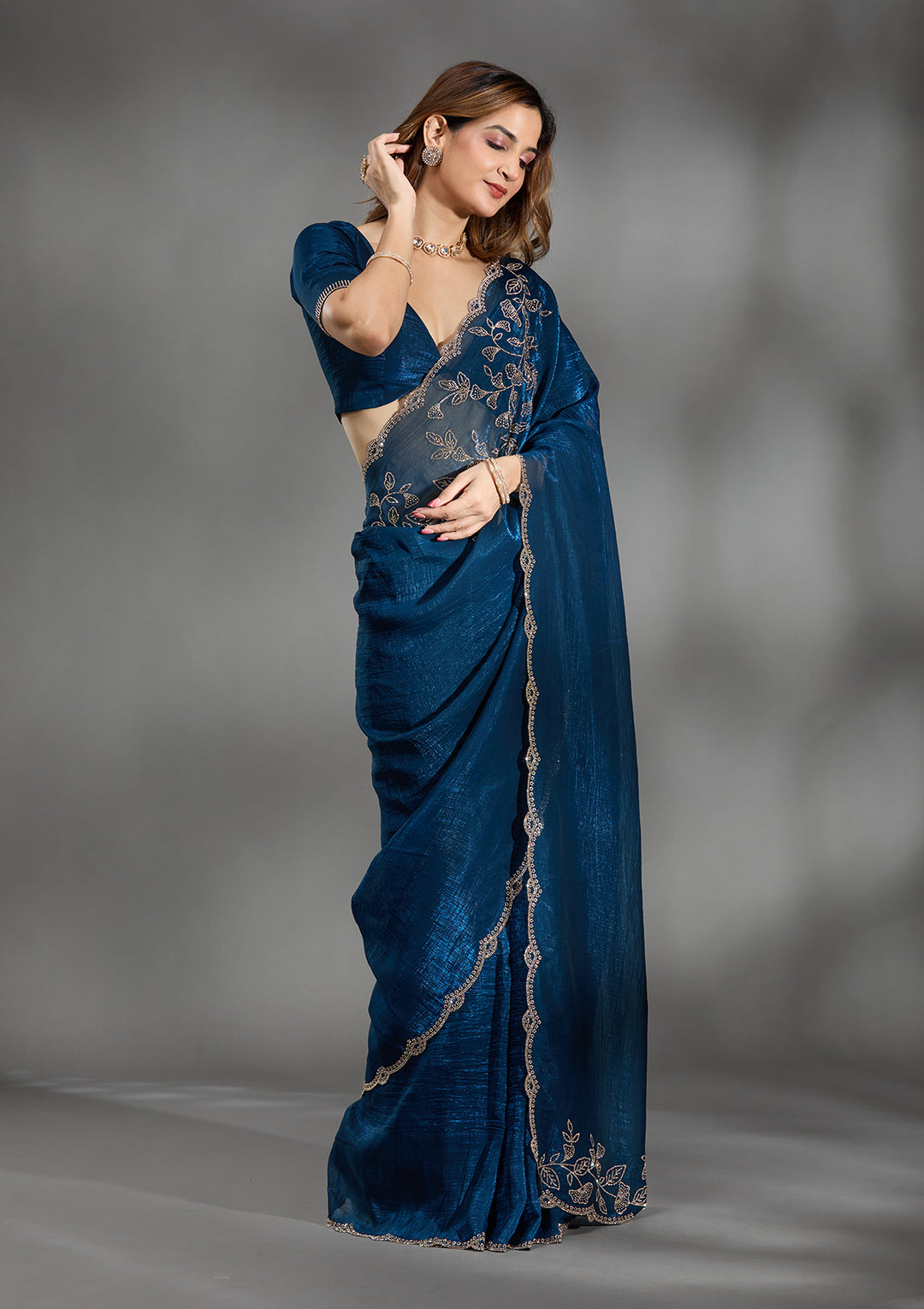 Navy Blue Stonework (Gold) Georgette Saree