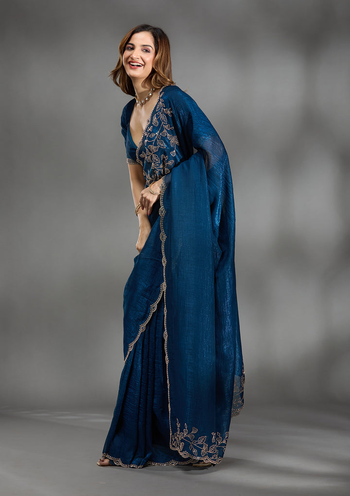 Navy Blue Stonework (Gold) Georgette Saree