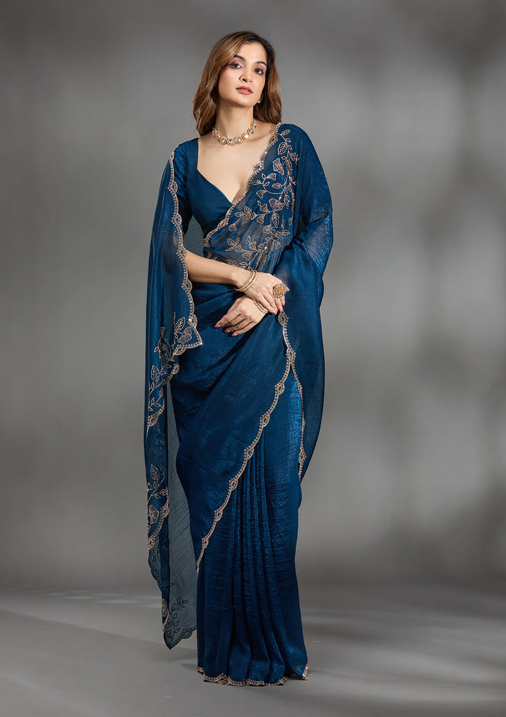 Navy Blue Stonework (Gold) Georgette Saree