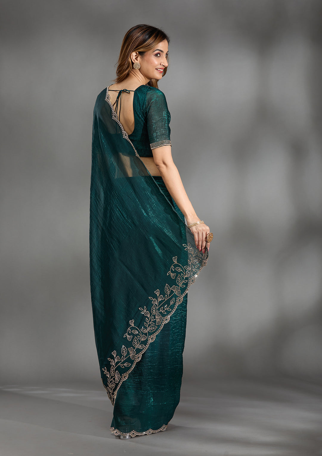 Teal Green Stonework (Gold) Georgette Saree