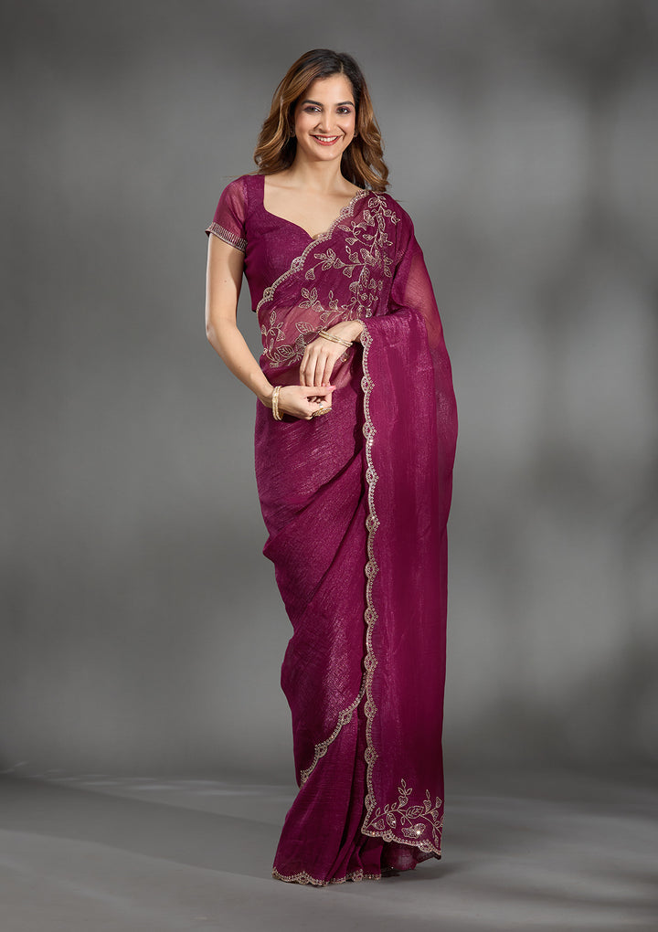 Wine Georgette Gold Stonework Saree With Matching Blouse Piece