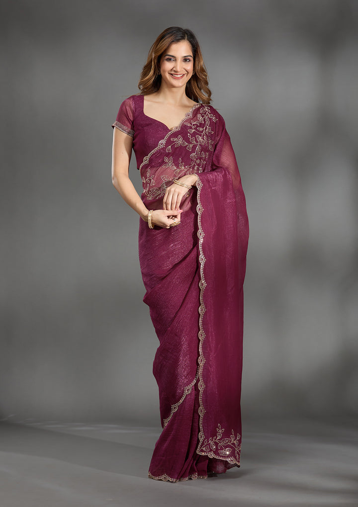 Wine Georgette Gold Stonework Saree With Matching Blouse Piece