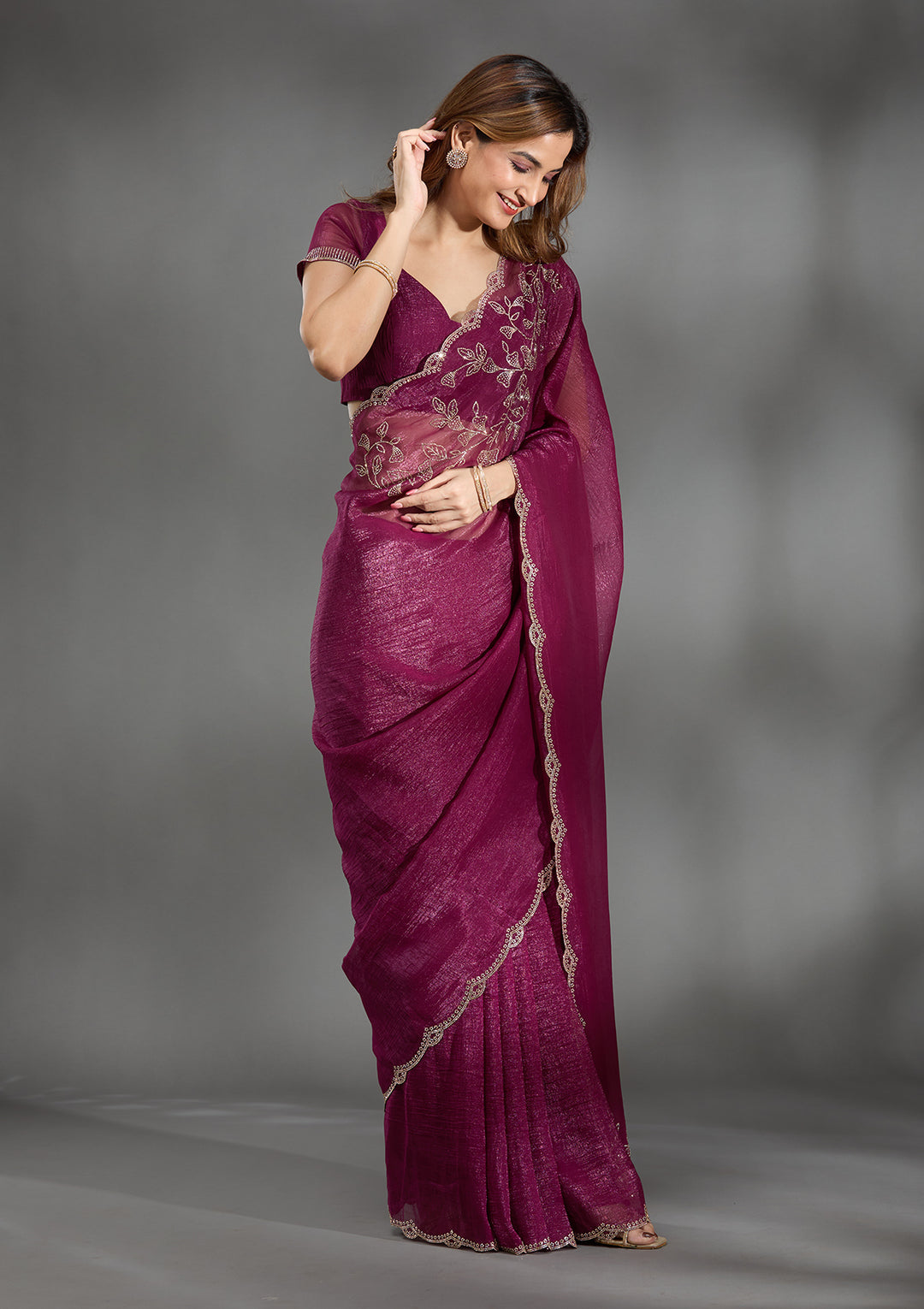 Wine Georgette Gold Stonework Saree With Matching Blouse Piece