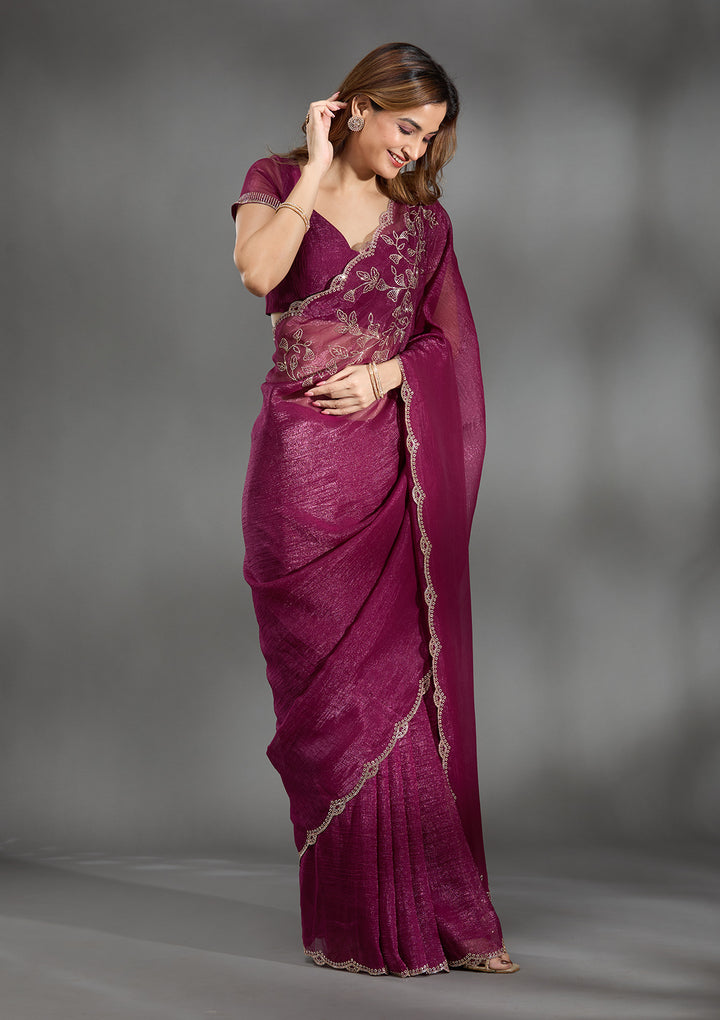 Wine Georgette Gold Stonework Saree With Matching Blouse Piece