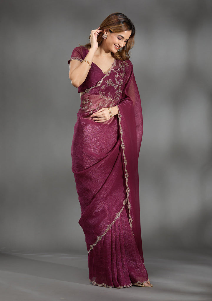 Wine Georgette Gold Stonework Saree With Matching Blouse Piece