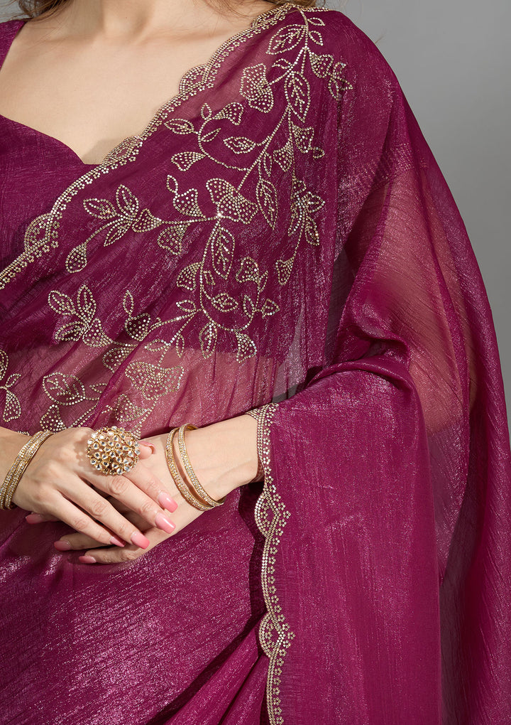 Wine Georgette Gold Stonework Saree With Matching Blouse Piece