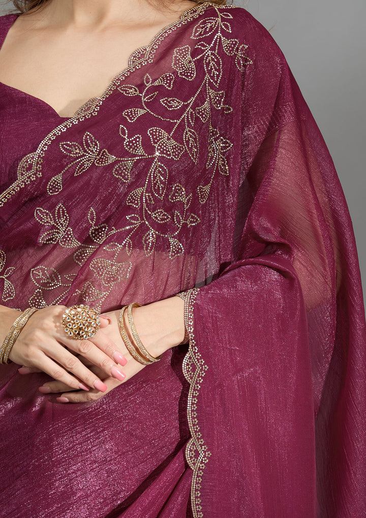 Wine Georgette Gold Stonework Saree With Matching Blouse Piece